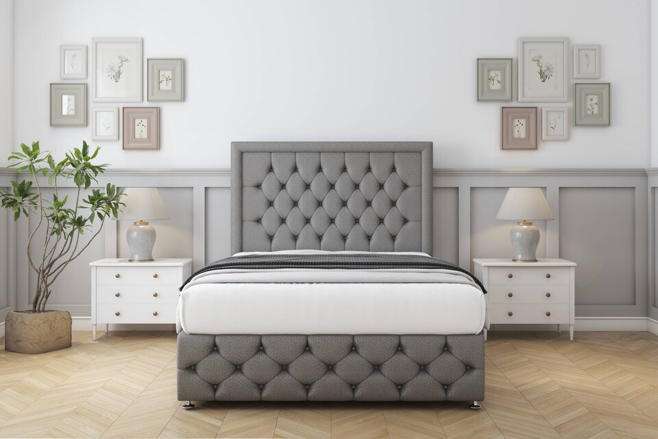 image 1 of Sloomy Vienna Pewter Dumfries Divan Bed With Mattress 2 Drawers Left Side With 26" Strutted Headboard & 12" Matching Footboard 4'6 Double | Grey | Pewter | Double | 1
