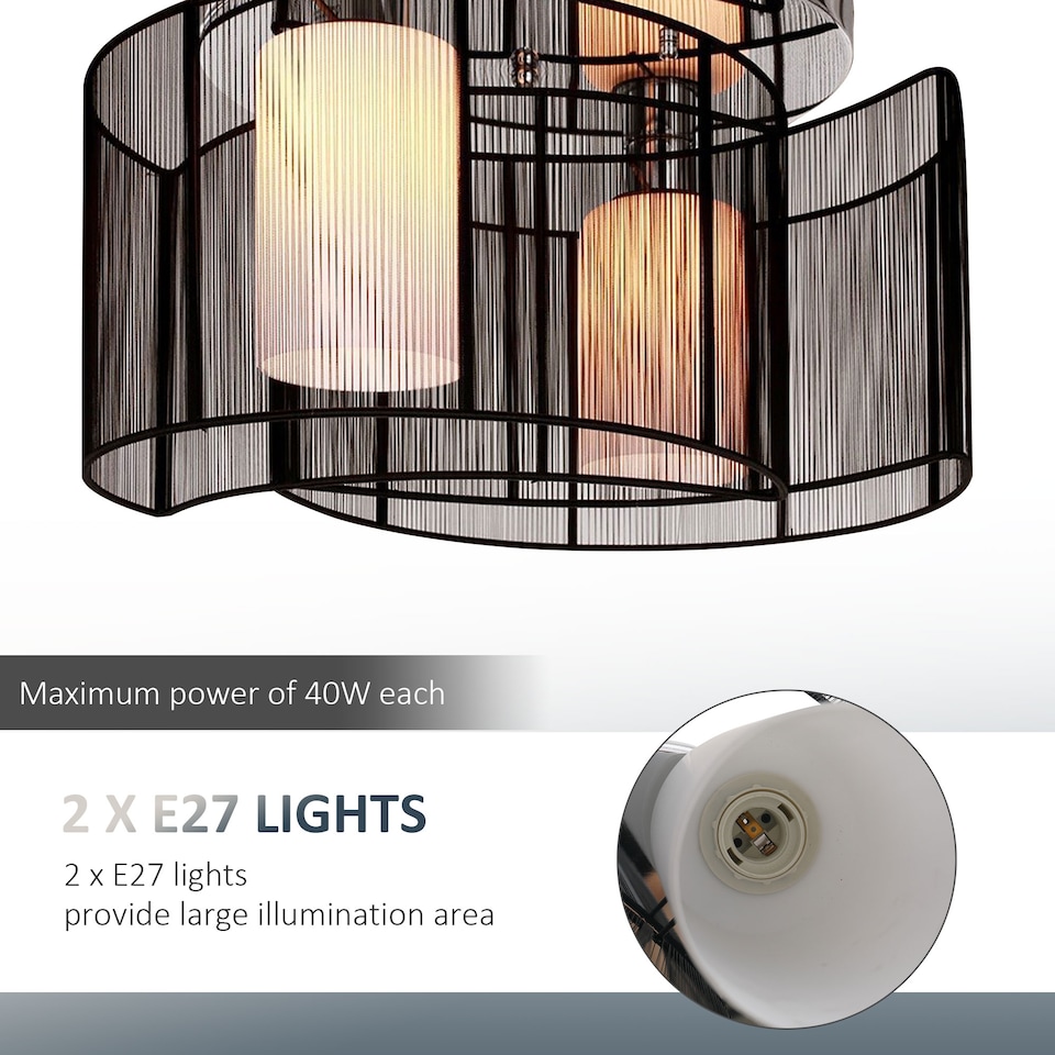 image 1 of HOMCOM Modern Chandelier, SemiFlush Mount Ceiling Light with 2 Light, E27 Bulb Base for Hallway, Dining Room, Living Room, White and Black