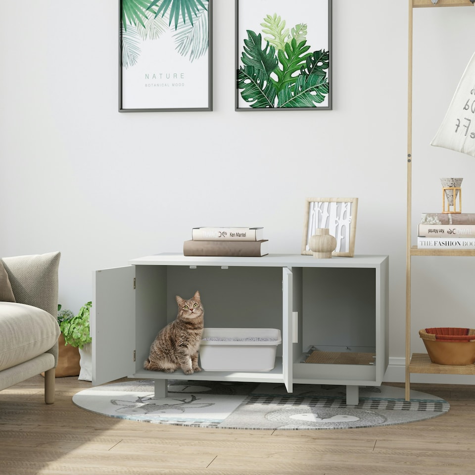 image 1 of PawHut Cat Litter Box Enclosure & House w/ Nightstand/End Table Design, Grey