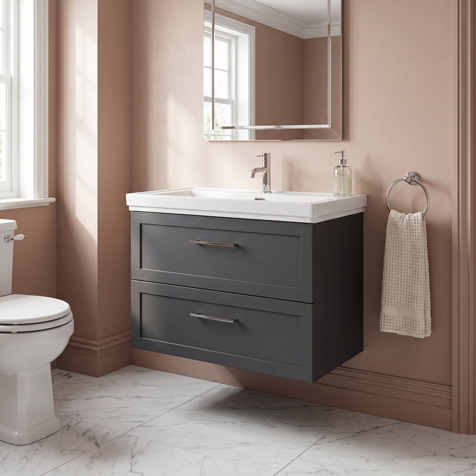 image 1 of Balterley Stonnall Traditional Wall Hung 2 Drawers Vanity Unit with Traditional 1 Tap Hole Fireclay Basin, 800mm, Dark Grey
