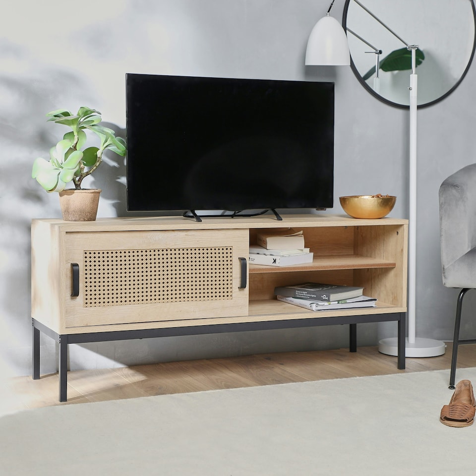 image 1 of Spinningfield Wood Effect Rattan TV Unit For TV's up to 55" | Brown | 1