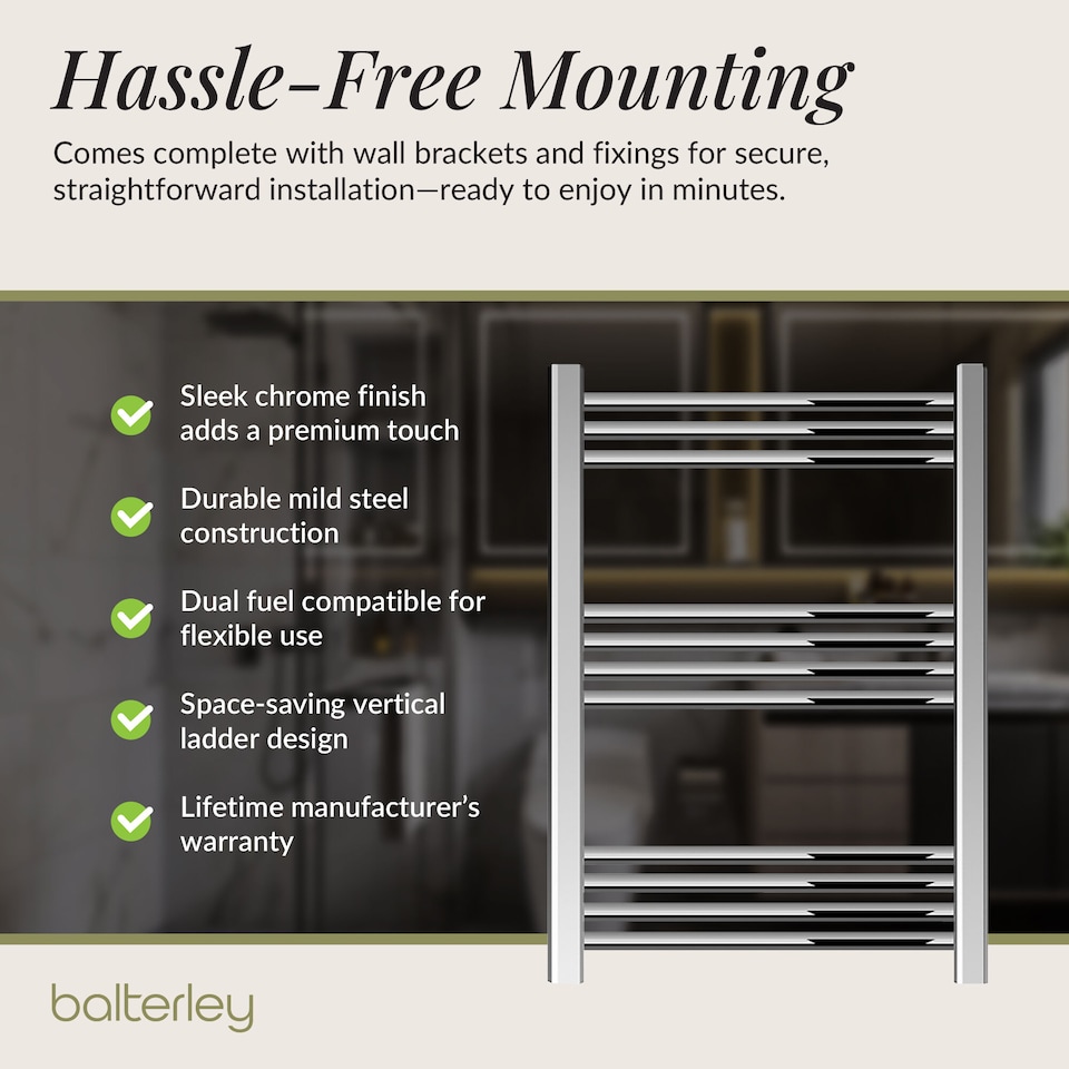 image 1 of Balterley Straight Heated Heated Towel Rail Radiator, 256W | Silver | Chrome