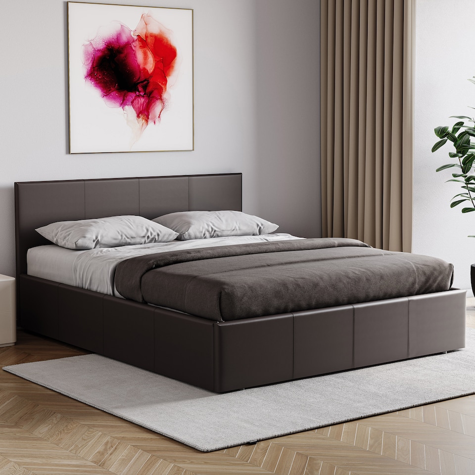 image 1 of Vida Designs Lisbon 5ft King Size Ottoman Bed Storage Faux Leather, Brown, 150 x 200cm