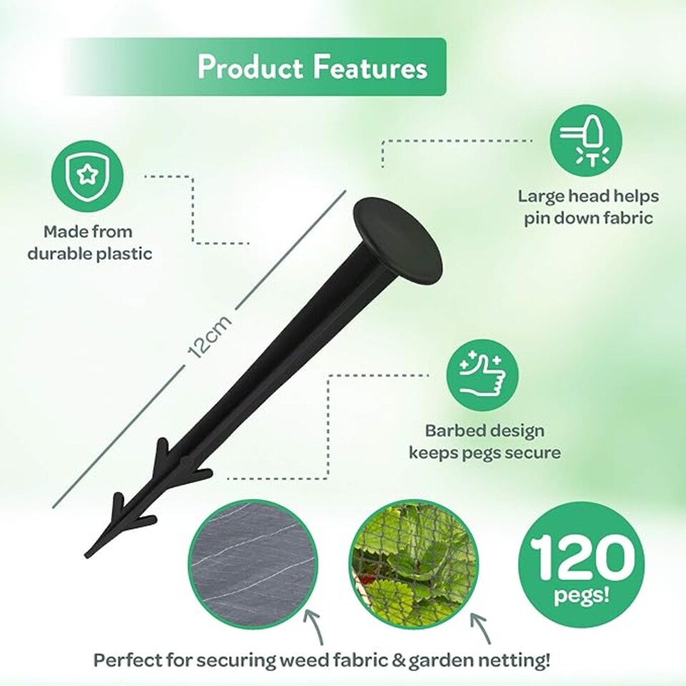 image 1 of Black Plastic Garden Pegs - Anti-Pull Anchors Securing Ground Pegs for Weed Control Fabric | Black | Black | 120 Pack 12cm | 120