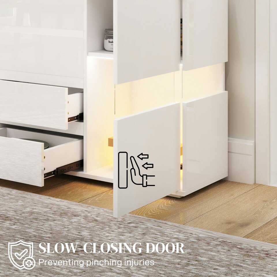 image 1 of HOMCOM LED Sideboard, High Gloss Storage Cabinet with 4 Drawers, White White