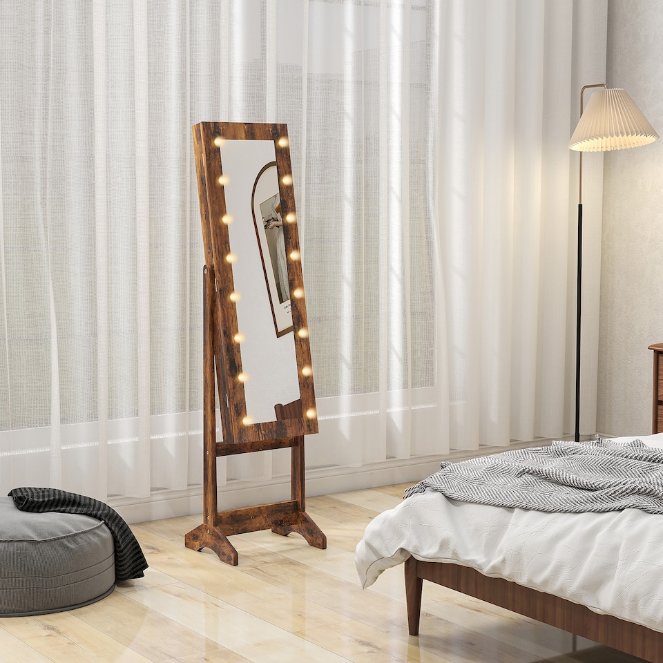 image 1 of HOMCOM Freestanding Mirror Jewelry Cabinet with LED Lights, Jewellery Organiser with 3 Angle Adjustable, Full-Length Mirror with Storage for Earrings, Necklaces, Rings and Lipsticks, Rustic Brown | Brown | Rustic Brown