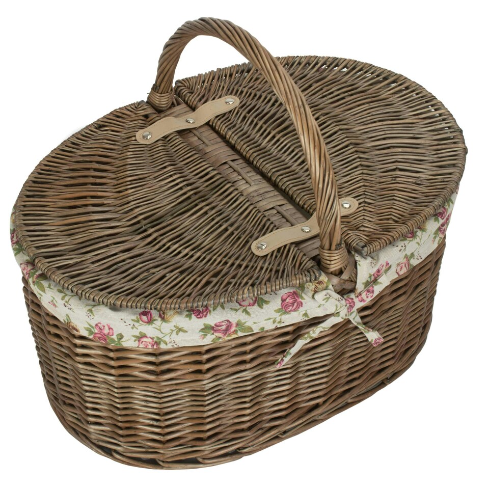 image 1 of Antique Wash Deep Oval Picnic Basket with Lining Multi | Rose Garden | One Size