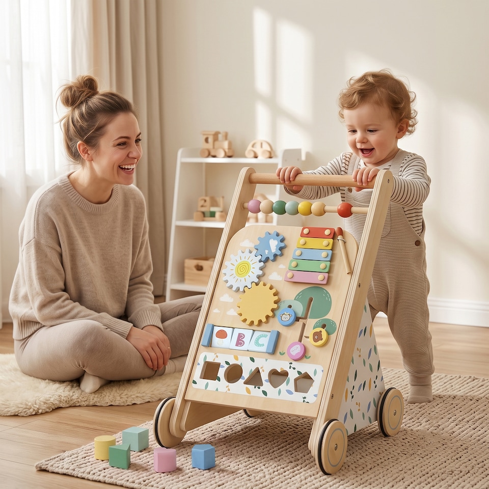 image 1 of AIYAPLAY Wooden Baby Walker with Speed Control, Activity Centre for 18 M+