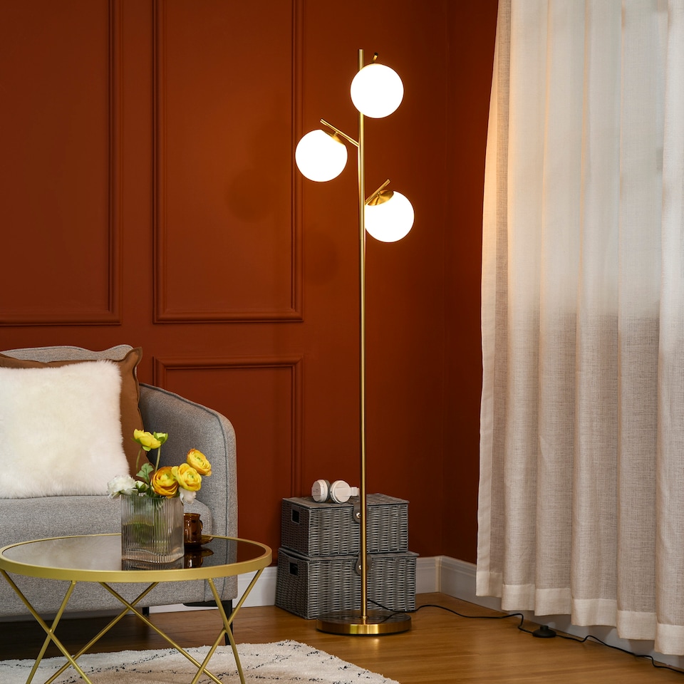 image 1 of HOMCOM 3Light Tree Floor Lamps for Living Room, Modern Standing Lamp for Bedroom with Globe Lampshade, Steel Base, Bulb not Included, Gold Tone