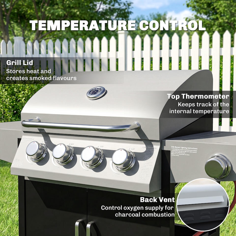 image 1 of Outsunny 4+1 Burner Gas BBQ Grill with Side Burner, 14.5 kW Gas Grill