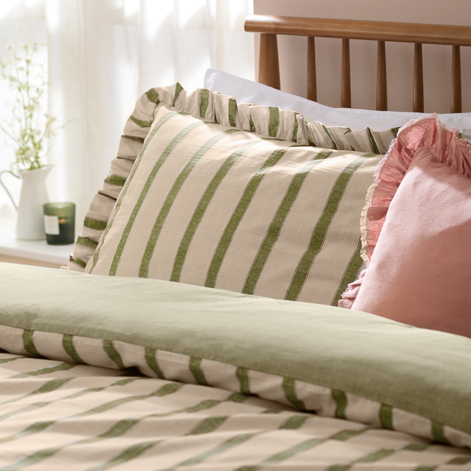 image 1 of Wylder Connie Striped Ruffle Duvet Cover Set | Green | Olive | Super King | 1