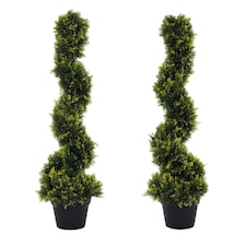 Outsunny 90cm3FT Artificial Trees, Spiral Topiary Trees w Pot Set Of 2, Fake Indoor Greenery Plant Home Office Garden Decor Green