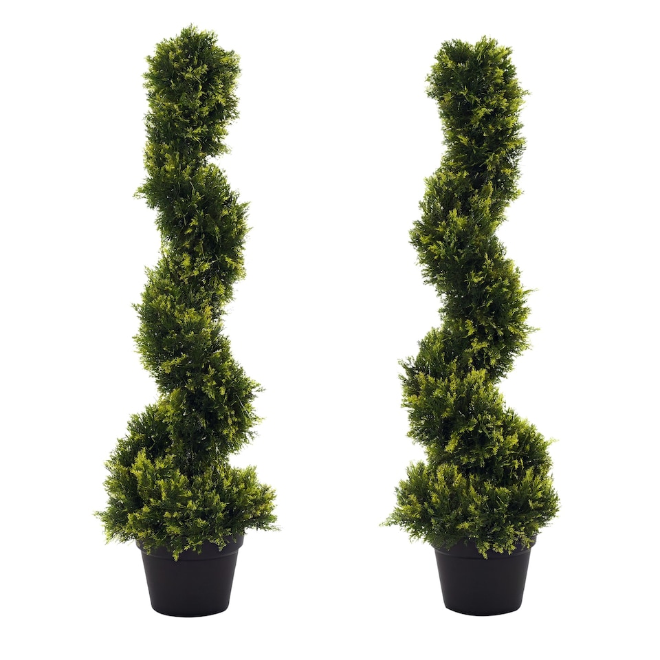 image 1 of Outsunny 90cm3FT Artificial Trees, Spiral Topiary Trees w Pot Set Of 2, Fake Indoor Greenery Plant Home Office Garden Decor Green