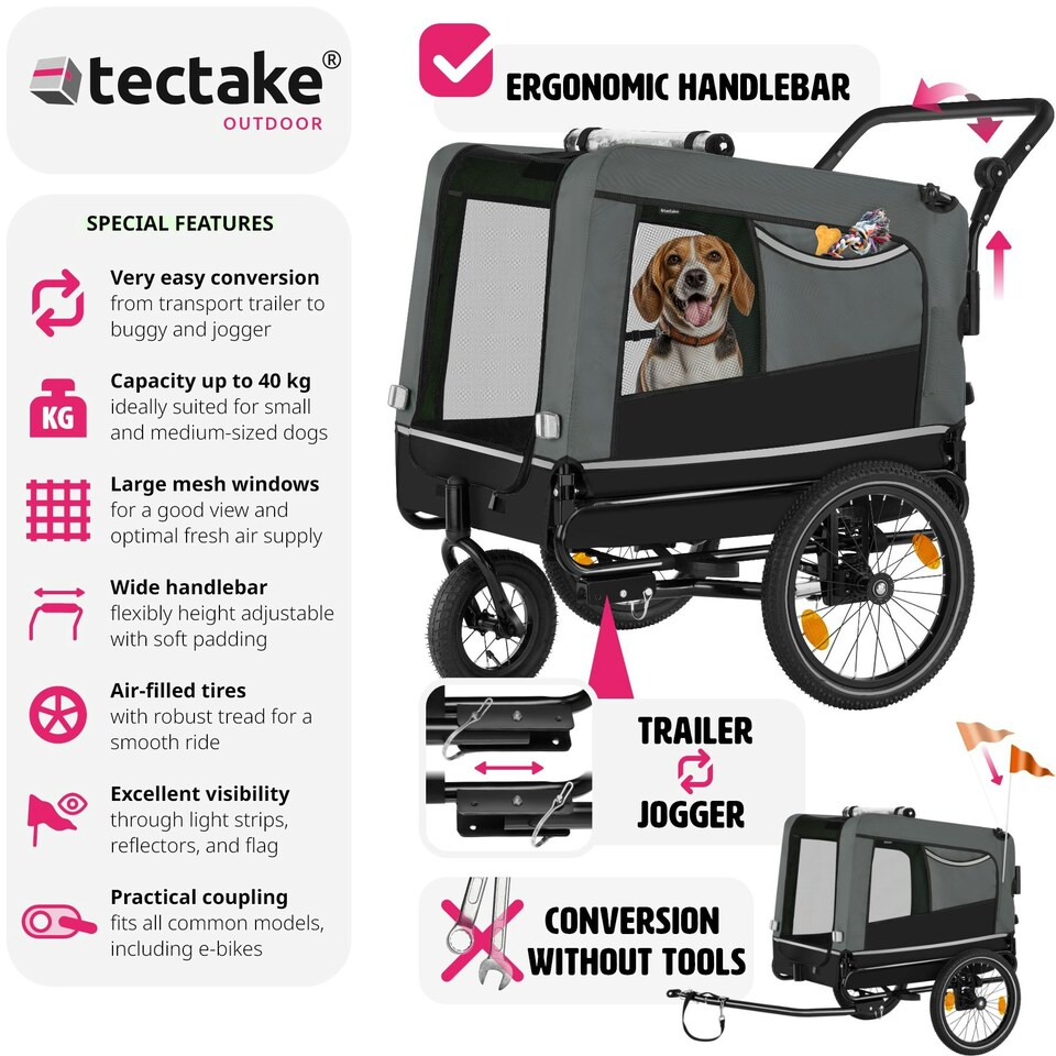 image 1 of Dog Bike Trailer - multifunctional, foldable, including reflectors, leash and flag - Grey
