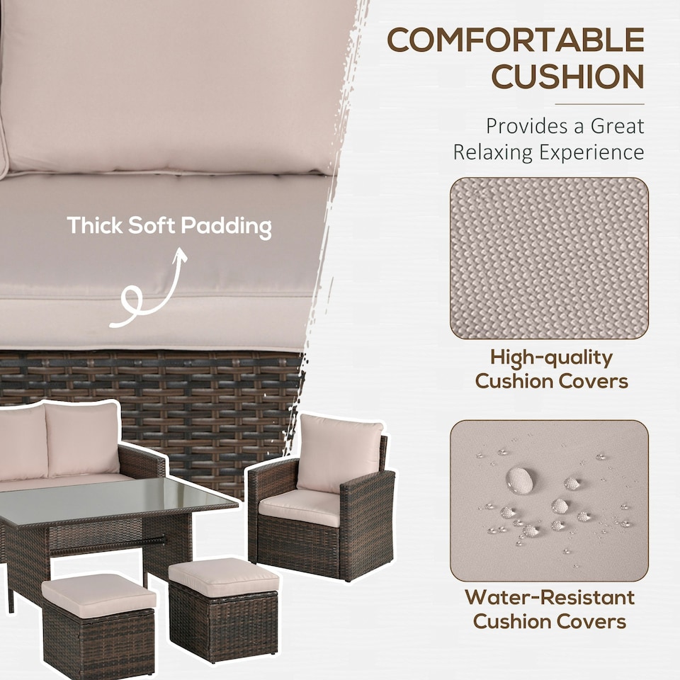 image 1 of Outsunny 6 PCS Outdoor Rattan Sofa Furniture Sets with Footstool Cushions Brown