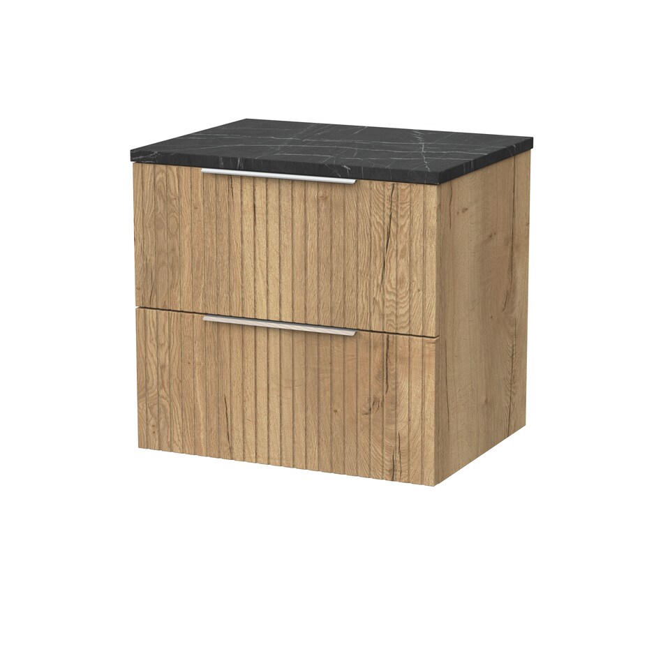 image 1 of Balterley Callingwood Contemporary Wall Hung 2 Drawer Vanity Unit with Black Pietra Marble Laminate Worktop , 600mm, Autumn Oak