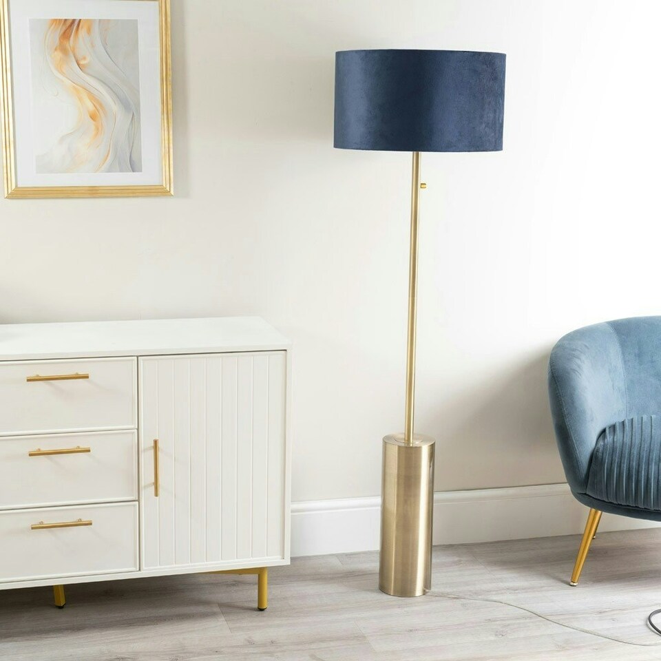 image 1 of ValueLights Lexy Navy Blue Velvet Drum Shade with Antique Brass Dimmable Floor Lamp with LED Bulb Blue
