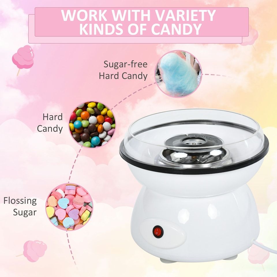 image 1 of HOMCOM 450W Candy Floss Machine, Professional Automatic Cotton Candy Sweet Machine with Candyfloss Sticks, Spoon, Splash Guard, Non-Slip Base for Birthday Christmas Wedding Party, Funfair Style, White