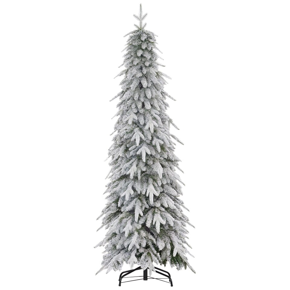 image 1 of HOMCOM 6ft Pencil Artificial Christmas Tree, Snow Flocked mas Tree with Downswept Branches and 600 Tips, Auto Open, Steel Base, Holiday Decoration for Home Office, Green