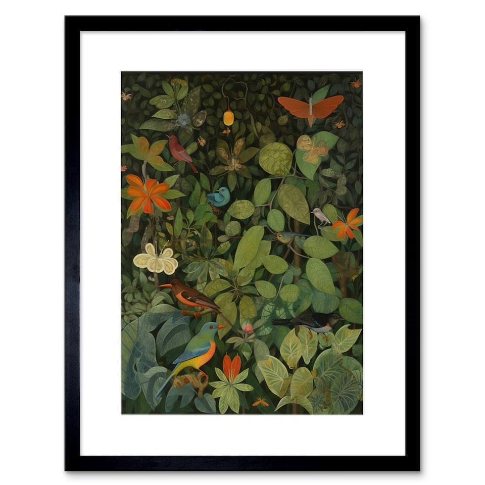 image 1 of Audubon Style Birds Insects Jungle 9x7" Black Framed Wall Art Print