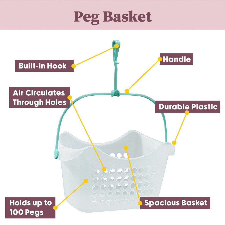 image 1 of JVL Plastic Peg Basket with 96 Prism Soft Touch Clip Pegs, Multicolor