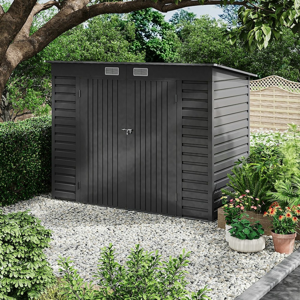 image 1 of Living and Home Outdoor Galvanized Steel 2 doors Storage Shed - Grey 240 x 113 x 183cm