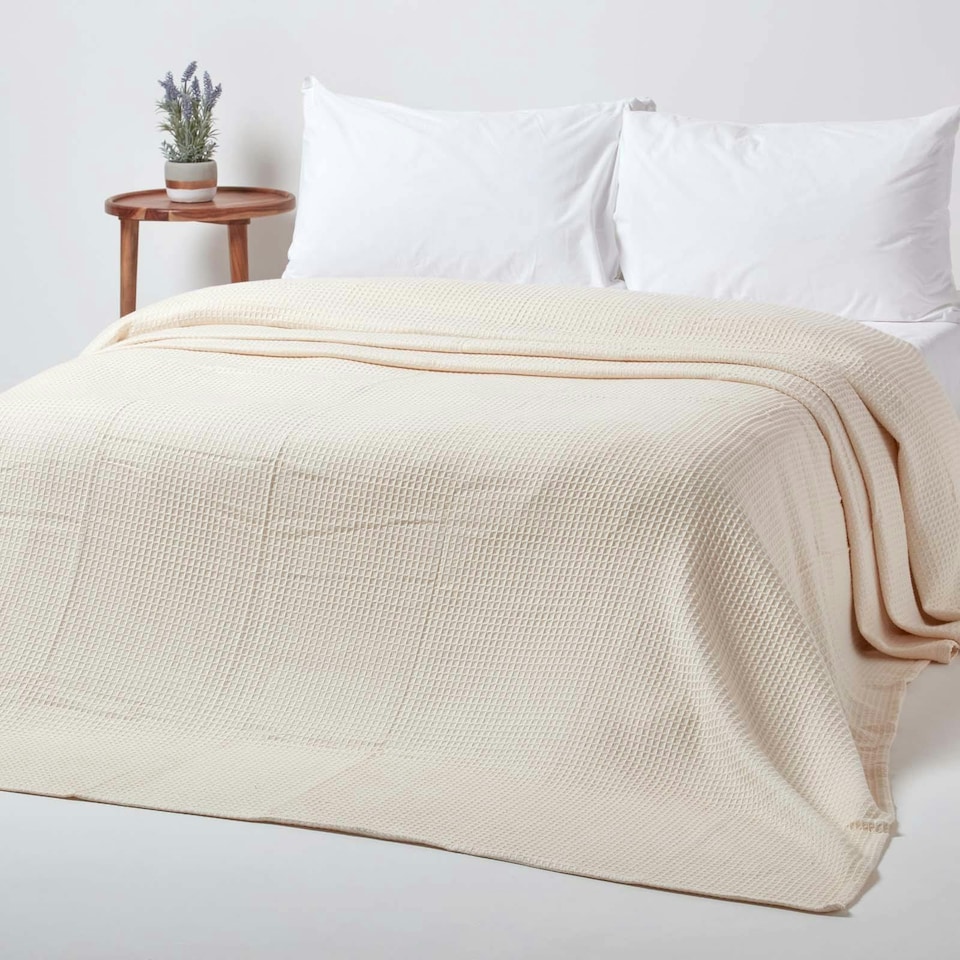 image 1 of Homescapes Organic Cotton Waffle Blanket/ Throw Natural - 250 x 230 cm