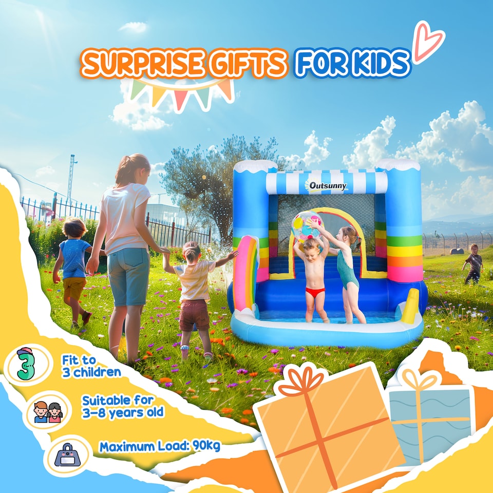 image 1 of Outsunny Kids Bouncy Castle with Pool Outdoor Trampoline W Net Blower 3-8 Yrs