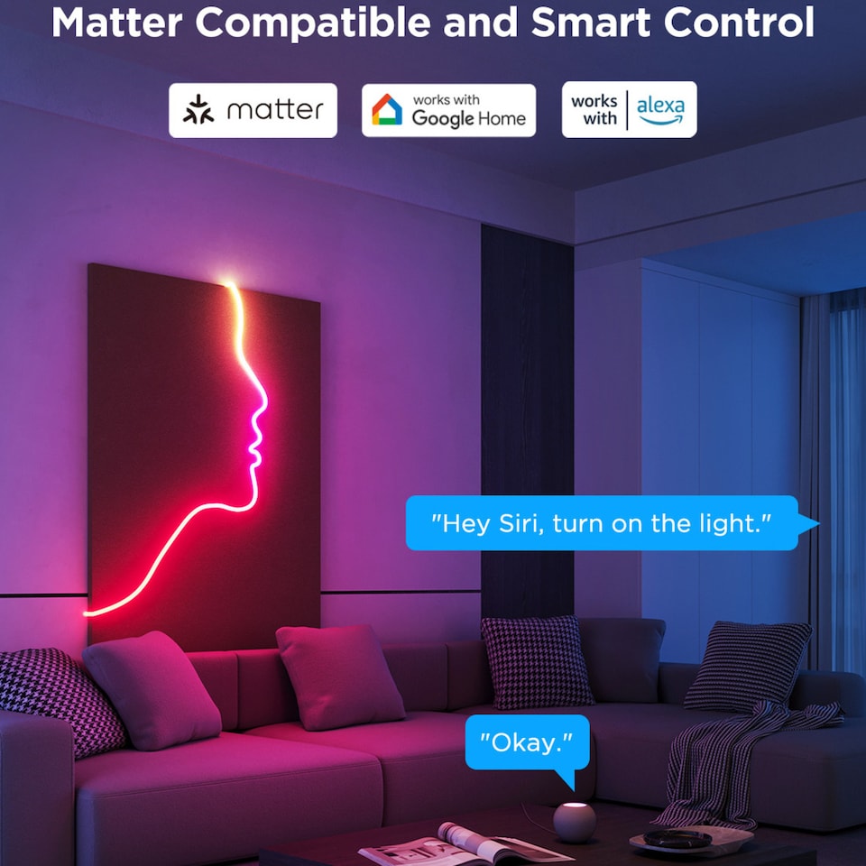image 1 of Govee 3M Neon Preinstalled Strip Light White support Matter(Homekit, Google, Alexa, Smarthings)