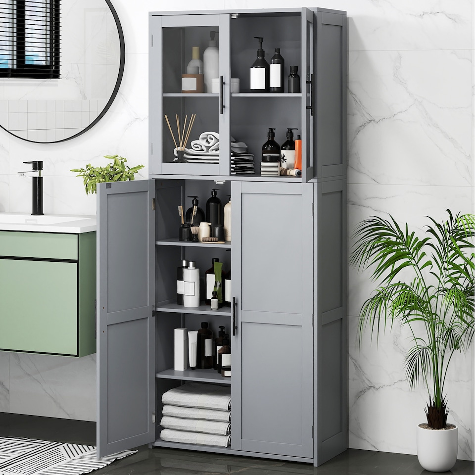 image 1 of COSTWAY Broom Closet Storage Cabinet Wooden Utility Grey