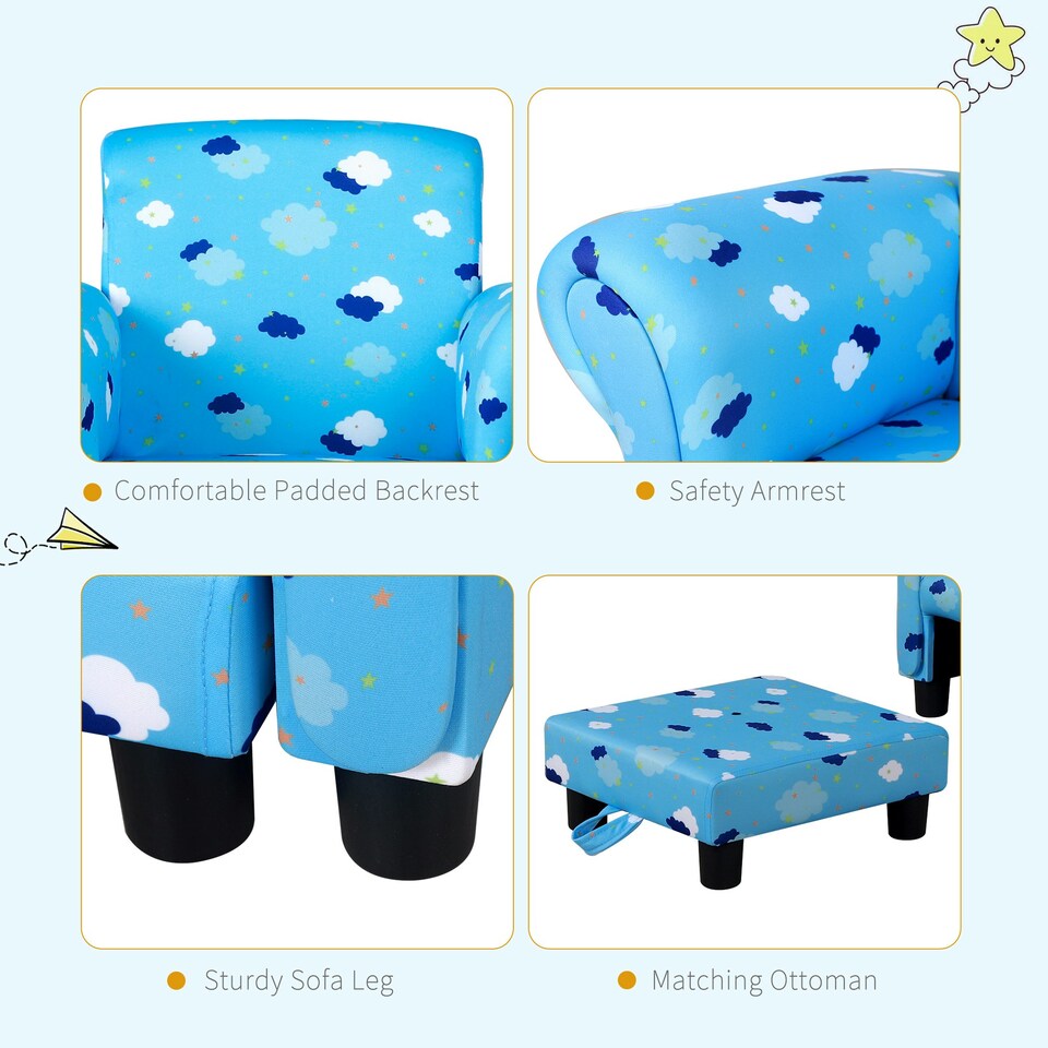 image 1 of HOMCOM Kids Armchair Children Mini Sofa Wood Frame w/ Footrest Cute Cloud Star Blue