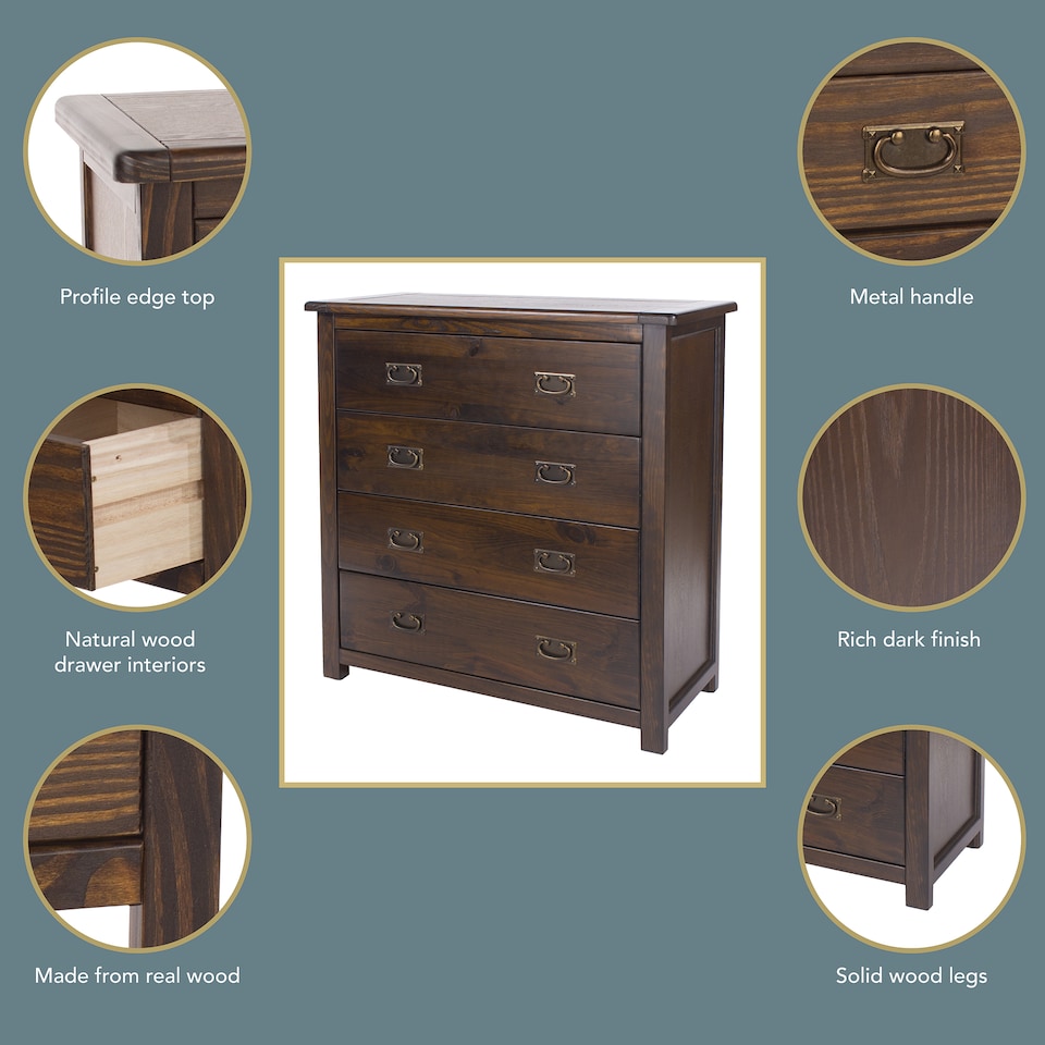 image 1 of Boston 4 Drawer Chest - Rich Dark Brown Lacquer Solid Wood Bedroom Storage with Brass Handles | Brown | Brown | 1
