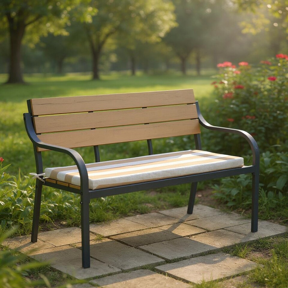 image 1 of Wide Striped Garden Bench Seat Pad Beige