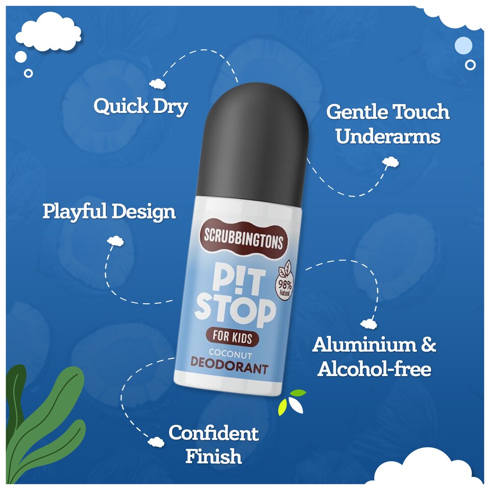 image 1 of Scrubbingtons Pit Stop Kids Deodorant Natural Roll On For Children, Teens. Natural Ingredients For Sensitive Skin Paediatrician approved, Aluminium & Alcohol Free, Coconut, 75ml | White | White | 1