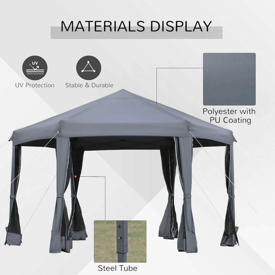 image 1 of Outsunny 3.2m Pop Up Gazebo Hexagonal Canopy Shelter Outdoor with Sidewalls