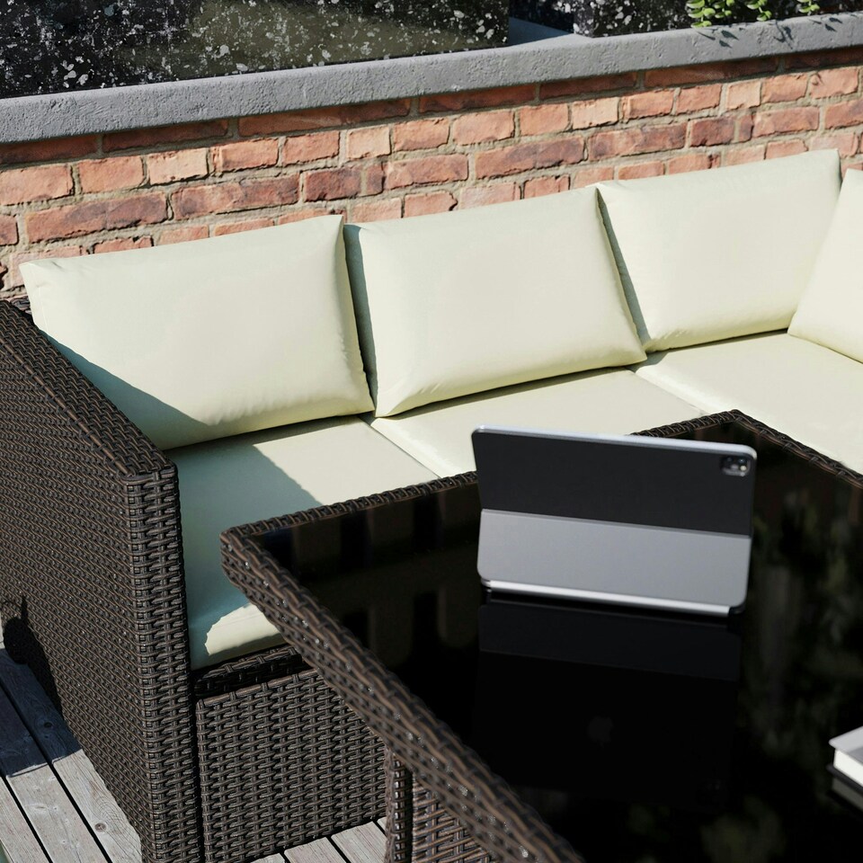 image 1 of Garden Vida Belgrave 9 Seater Rattan Set Sofa Stool Dining Table Ourdoor Garden Furniture, Brown
