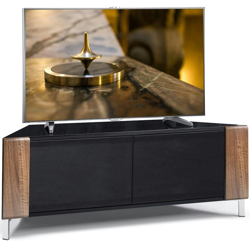 image 1 of MDA Designs CORVUS Corner-Friendly Gloss Black Contemporary Cabinet with Walnut Profiles Black BeamThru Glass Doors Suitable for Flat Screen TVs up to 50" | Multi | 1