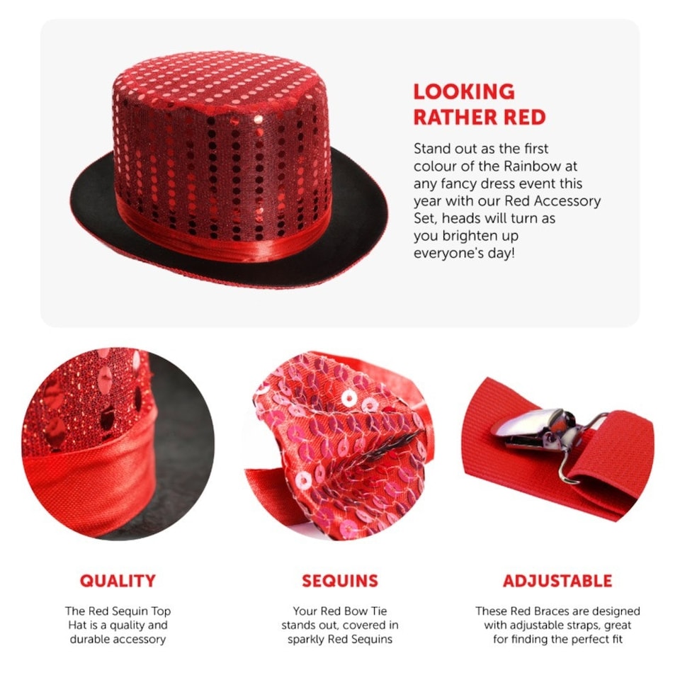 image 1 of Red Accessory Set - Sequin Top Hat, Bow Tie & Braces Red | One Size