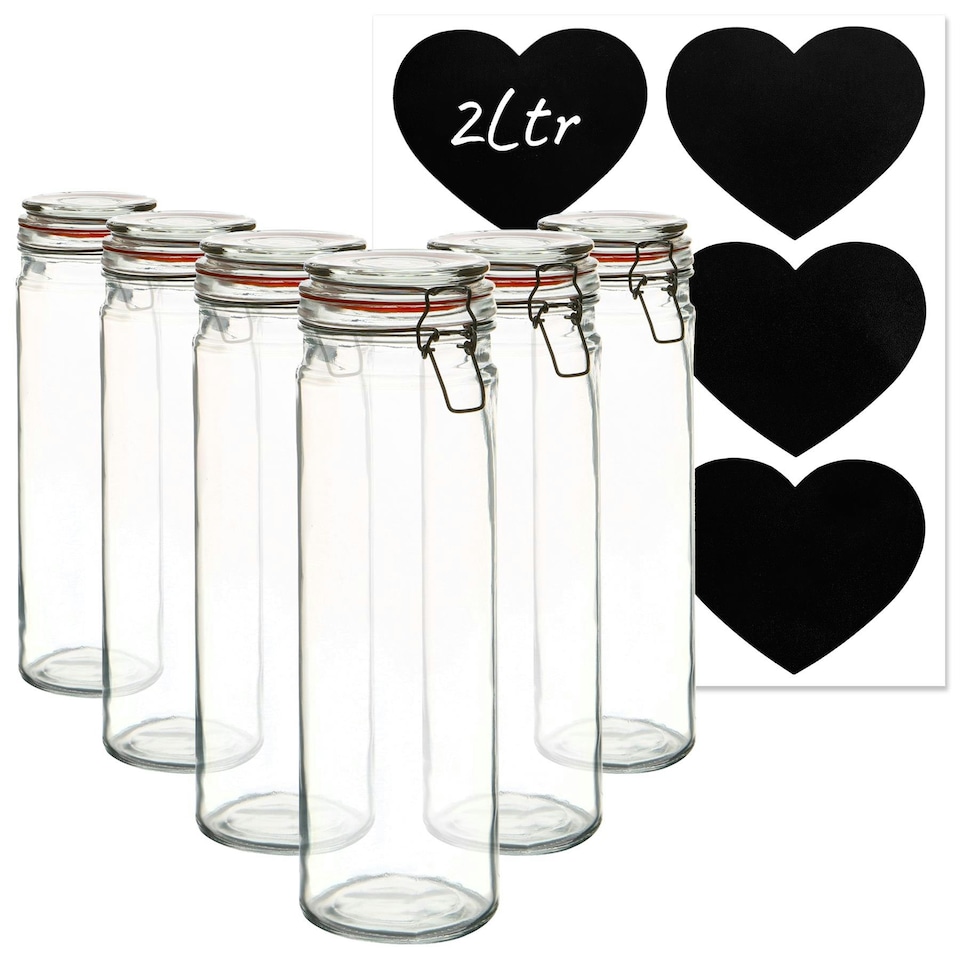 image 1 of Argon Tableware Glass Spaghetti Jars with Heart Labels - 2L - Clear - Pack of 6