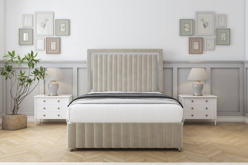 image 1 of Sloomy Boston Chrome Cream Plush Divan Bed Base 2 Drawers Right Side With 26 Inch Strutted Headboard & 12 Inch Matching Footboard | Cream | Cream | Single | 1