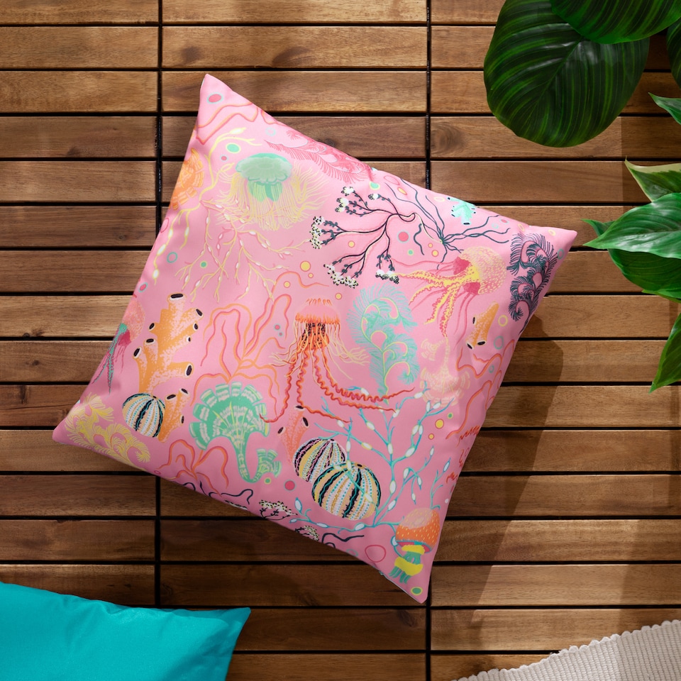 image 1 of Furn Reef Printed Reversible Pink Outdoor Cushion