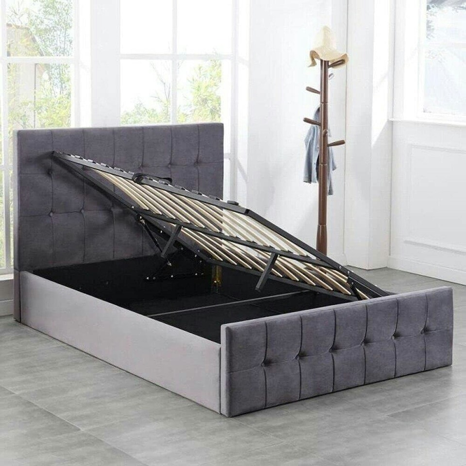 image 1 of Ottoman Storage Bed grey 3ft single and 1 mattress velvet cushioned bedroom