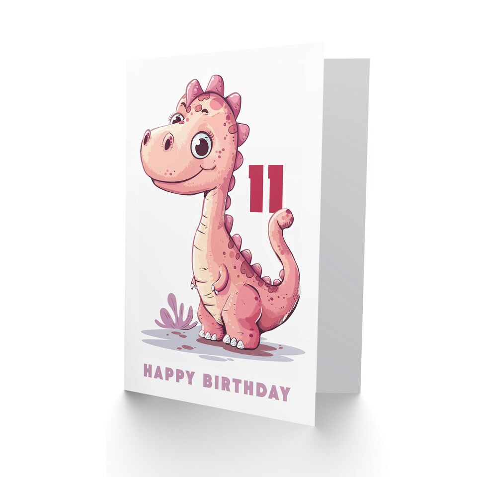 image 1 of Cute Pink Dinosaur Cartoon Kids Age 11 Year Kids 11th Birthday Card