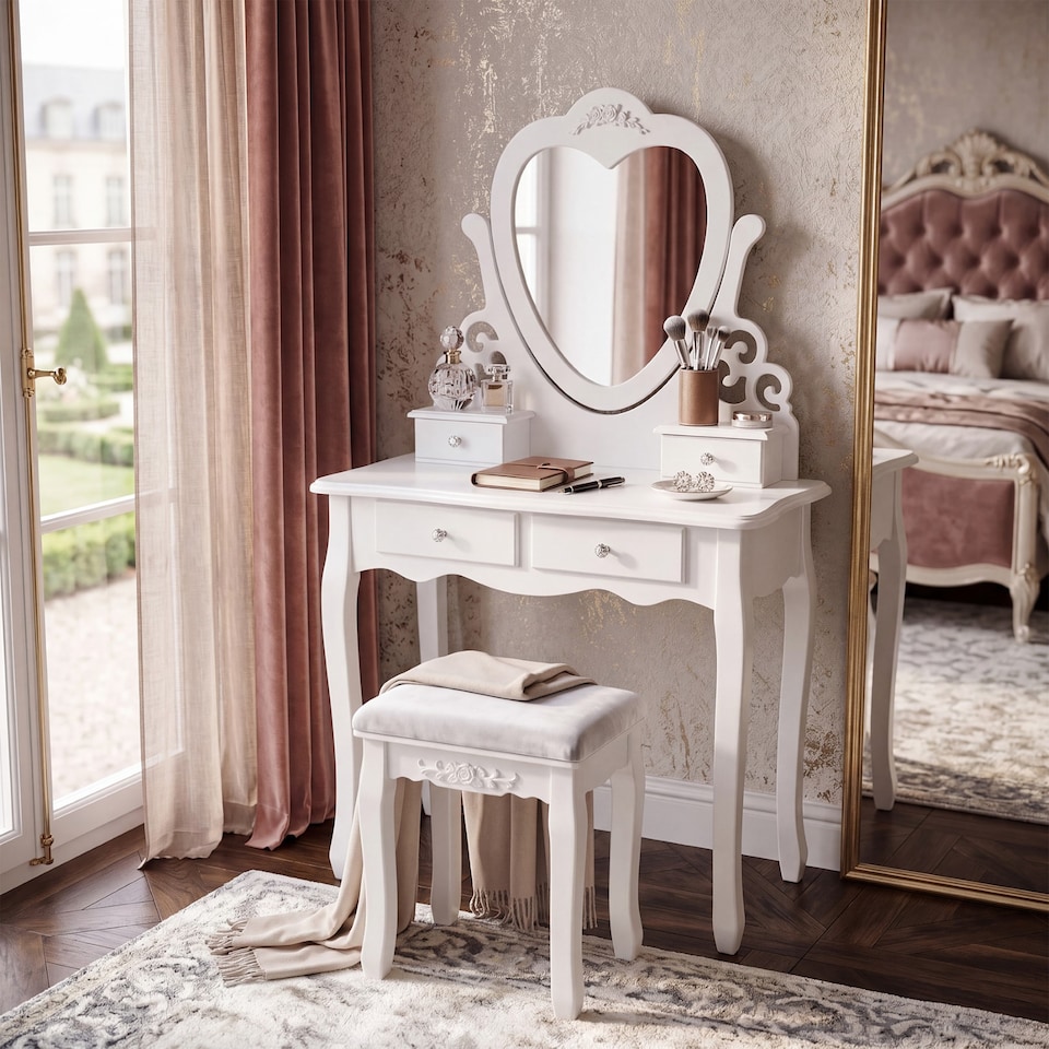 image 1 of Dressing Table with Heart Shaped Mirror and Stool Makeup Vanity Mirror Hollywood Table