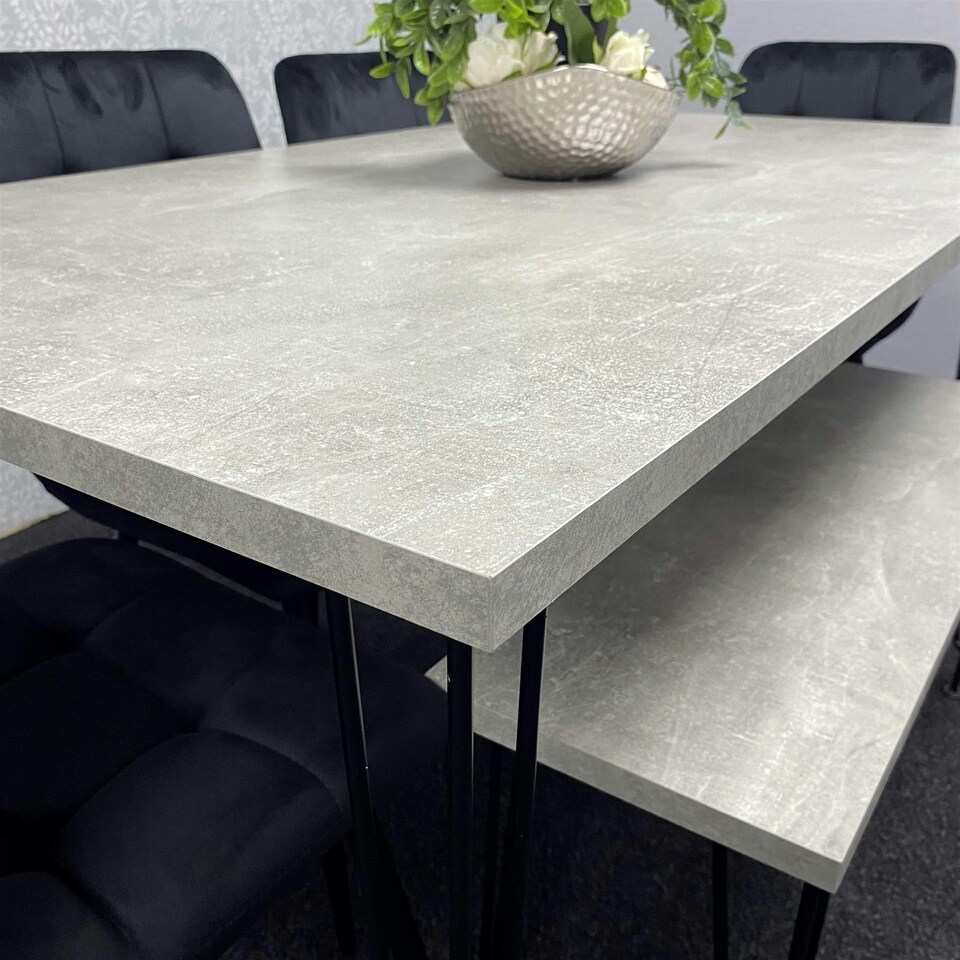image 1 of Grey Dining Table with Hairpin Legs, Bench & 4 Black Velvet Chairs Set for Kitchen & Dining Room Grey
