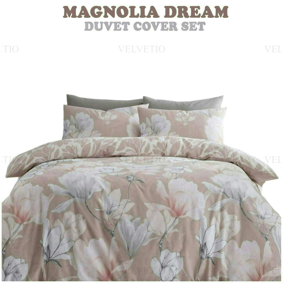 image 1 of VELVETIO Magnolia Dream Printed Duvet Cover Set Reversible Polycotton Easy Care Beddings Pink | Blush Pink | King