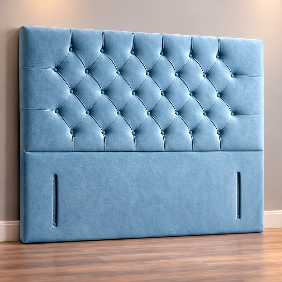 image 1 of Floorstanding Headboard Sky Blue Plush Chesterfield 6FT Superking 54inch High