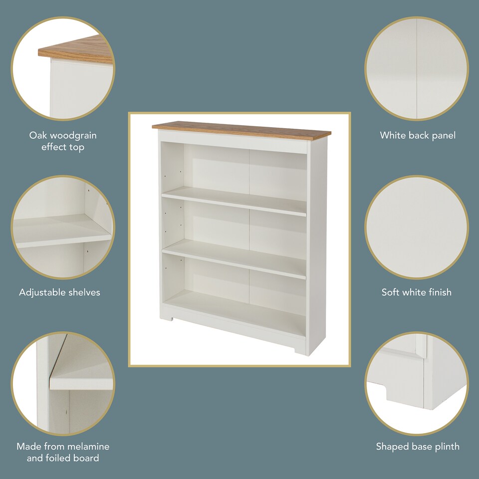 image 1 of Colorado 3 Shelf Low Wide Bookcase - Soft White Finish with Oak Woodgrain Effect Top and Practical Storage | White | Soft White | One Size | 1