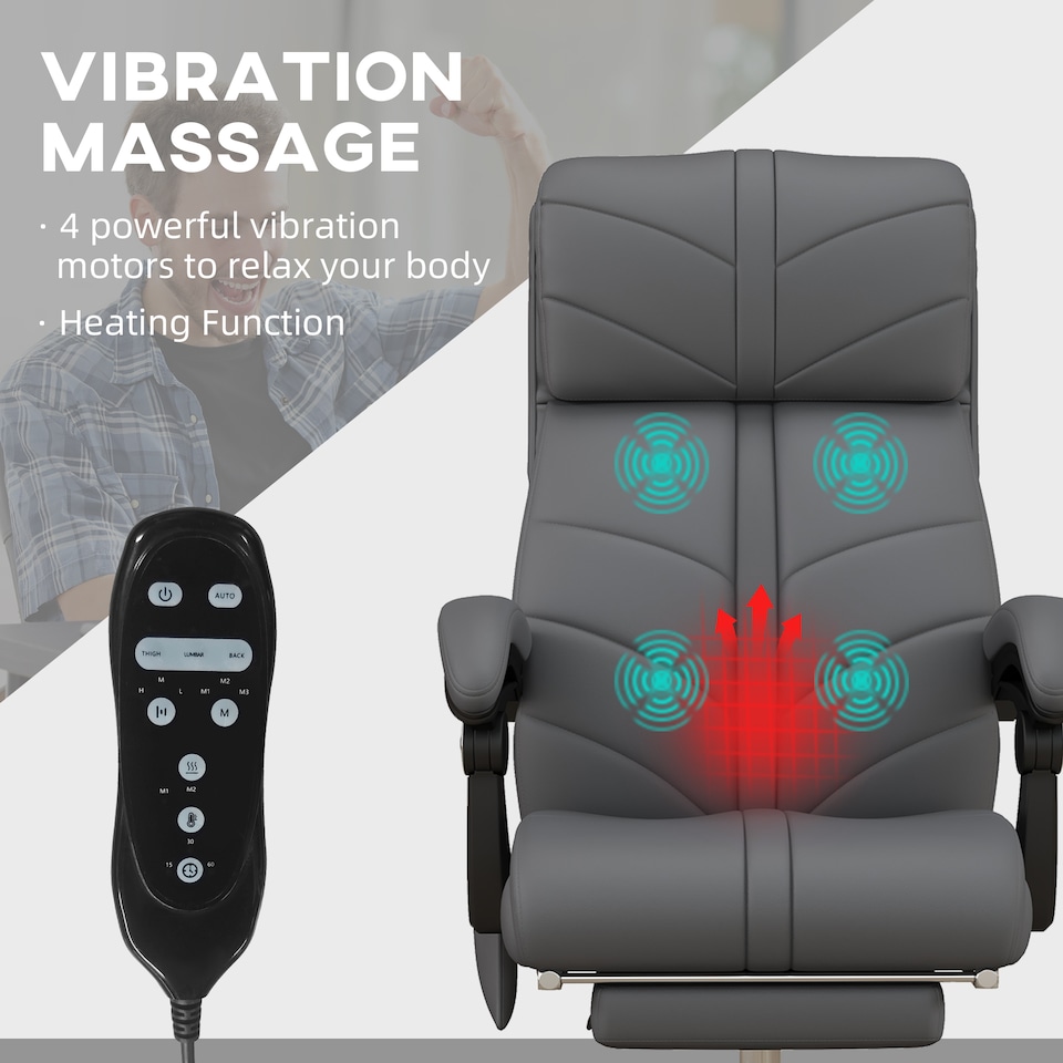 image 1 of Vinsetto High Back Vibration Massage Office Chair, Heated Reclining PU Leather Computer Chair with Footrest, Grey