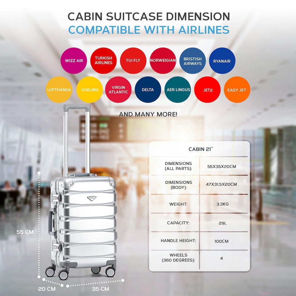 image 1 of Flight Knight Premium Travel Suitcase - 8 Wheels Built-in TSA Lock Aluminium Frame, ABS Hard Shell Carry on Check in Luggage - 100+ Airlines Approved Silver | Aluminium | Cabin Bag